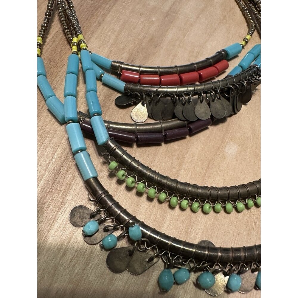 Boho Multicolored Seed Bead Layered Bib Necklace Antique Bronze Statement - Picture 3 of 6